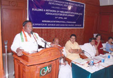 Citizens&rsquo; interface with MPs/MLAs at  Puducherry, April 2007.  Seen are Shri . V. Narayanasamy, (Congress) Rajya Sabha MP from Puducherry,  Shri  R. Vishwanathan, (CPI) MLA from Puducherry, Shri AMH Nazeem, (DMK) MLA and Leader of Opposition, Puducherry Legislative Assembly,  Prof. Ramadass, (PMK)  Lok Sabha MP from Puducherry.  Dr. Nandini Azad, Member-Secretary, ICPRD,  Ms. Prema Cariappa, (Congress) Rajya Sabha MP from Karnataka.