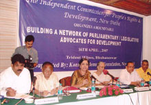 Citizens’ interface with MPs/MLAs at Bhubaneswar, Orissa, April 2007. Seen are Shri A. Ravichandran, (MDMK) Lok Sabha MP from Tamilnadu, Dr. Girdhar Gamang, (Congress) Lok Sabha MP from Orissa, Dr. Nandini Azad, Member-Secretary, ICPRD, Smt. Sugnana Kumari Deo, (BJD) MLA from Orissa, Shri Narasingha Mishra, (Congress) MLA and Leader of Opposition in Orissa Assembly, Shri Tathagata Satpathy, (BJD) Lok Sabha MP from Orissa.