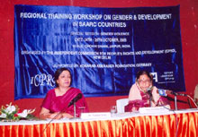 SAARC Regional Training Workshop on Gender and Development, Nov. 2005.  Seen are Her Excellency, Mme. Pratibha Patilji, Hon&rsquo;ble President of India giving the inaugural address at the Workshop as the then Governor of Rajasthan along with  Dr. Nandini Azad, Member Secretary, ICPRD