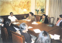 The Hon&rsquo;ble Finance Minister, Shri P. Chidambaram  with Dr. Nandini Azad and eminent Gender experts in the Ministry of Finance on the eve of the Gender Budget announcement (Feb. 2005)